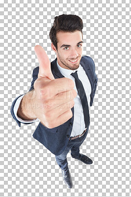 Buy stock photo Happy businessman, portrait and thumbs up above for success isolated on a transparent PNG background. Handsome man or employee smile with like emoji, yes sign or OK for good job, winning or thank you