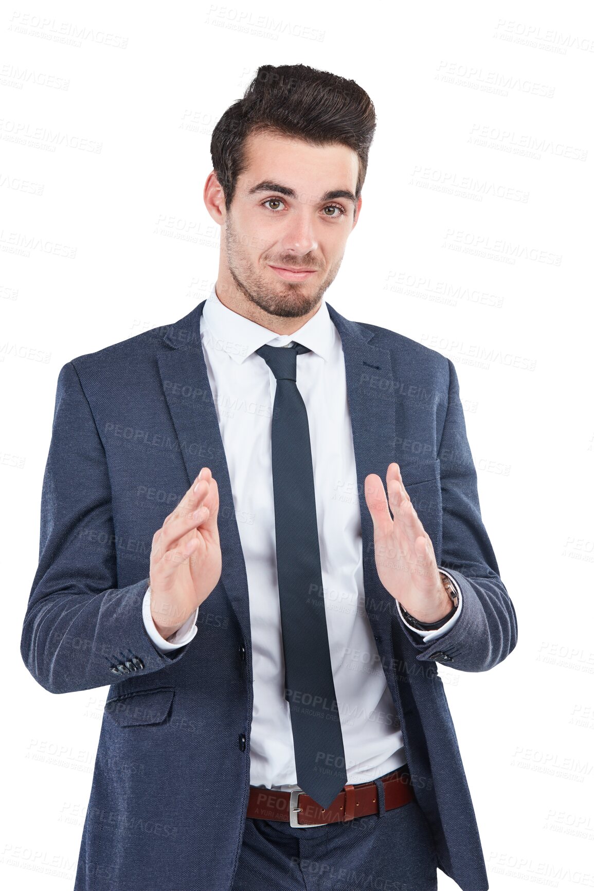 Buy stock photo Businessman, portrait and hands in presentation or explaining isolated on a transparent PNG background. Handsome man or employee talking in discussion, conversation or communication for business plan