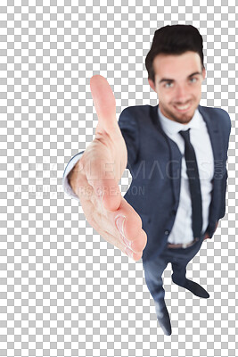 Buy stock photo Happy businessman, handshake and partnership above for meeting isolated on a transparent PNG background. Man or employee smile shaking hands for deal agreement, introduction or greeting in thank you