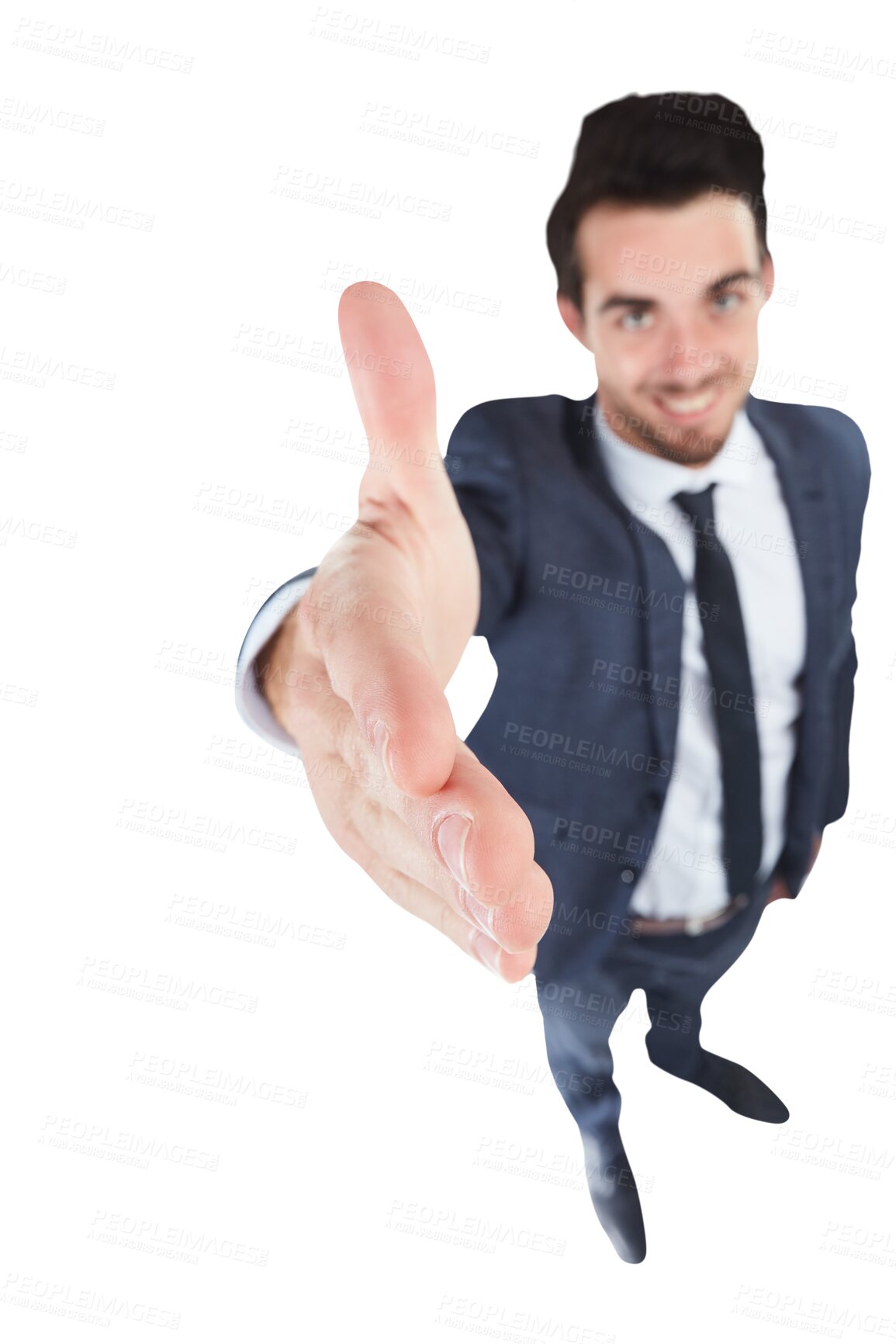 Buy stock photo Happy businessman, handshake and partnership above for meeting isolated on a transparent PNG background. Man or employee smile shaking hands for deal agreement, introduction or greeting in thank you