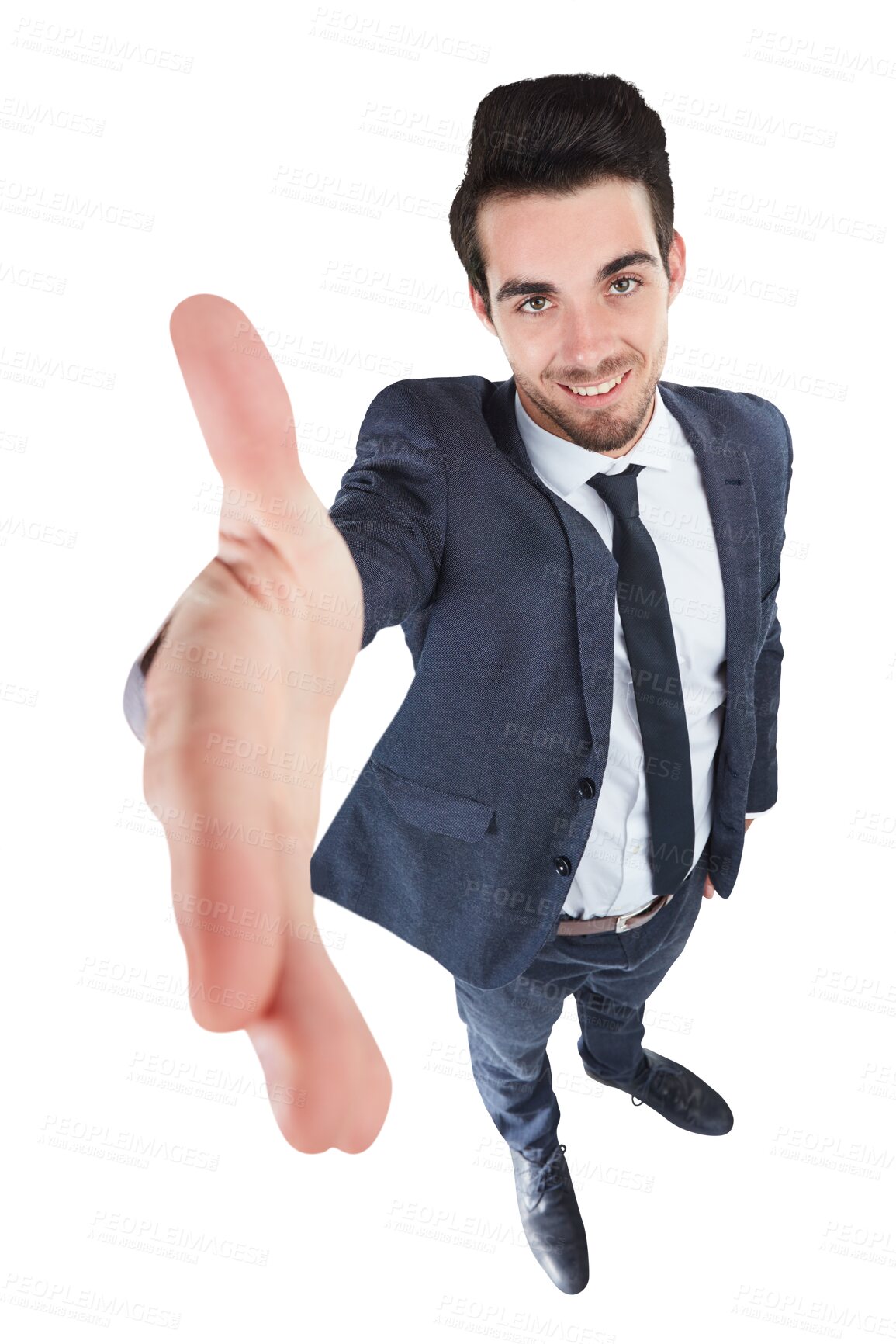 Buy stock photo Happy businessman, handshake and meeting for partnership above isolated on a transparent PNG background. Man or employee smile shaking hands for deal agreement, introduction or greeting in thank you