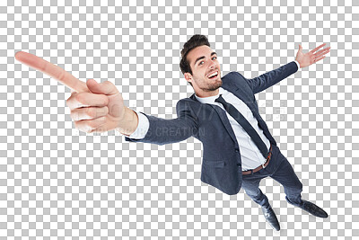 Buy stock photo Portrait, stretching and pointing with a business man isolated on transparent background for success. Smile, victory and announcement with an excited young employee on PNG for achievement celebration