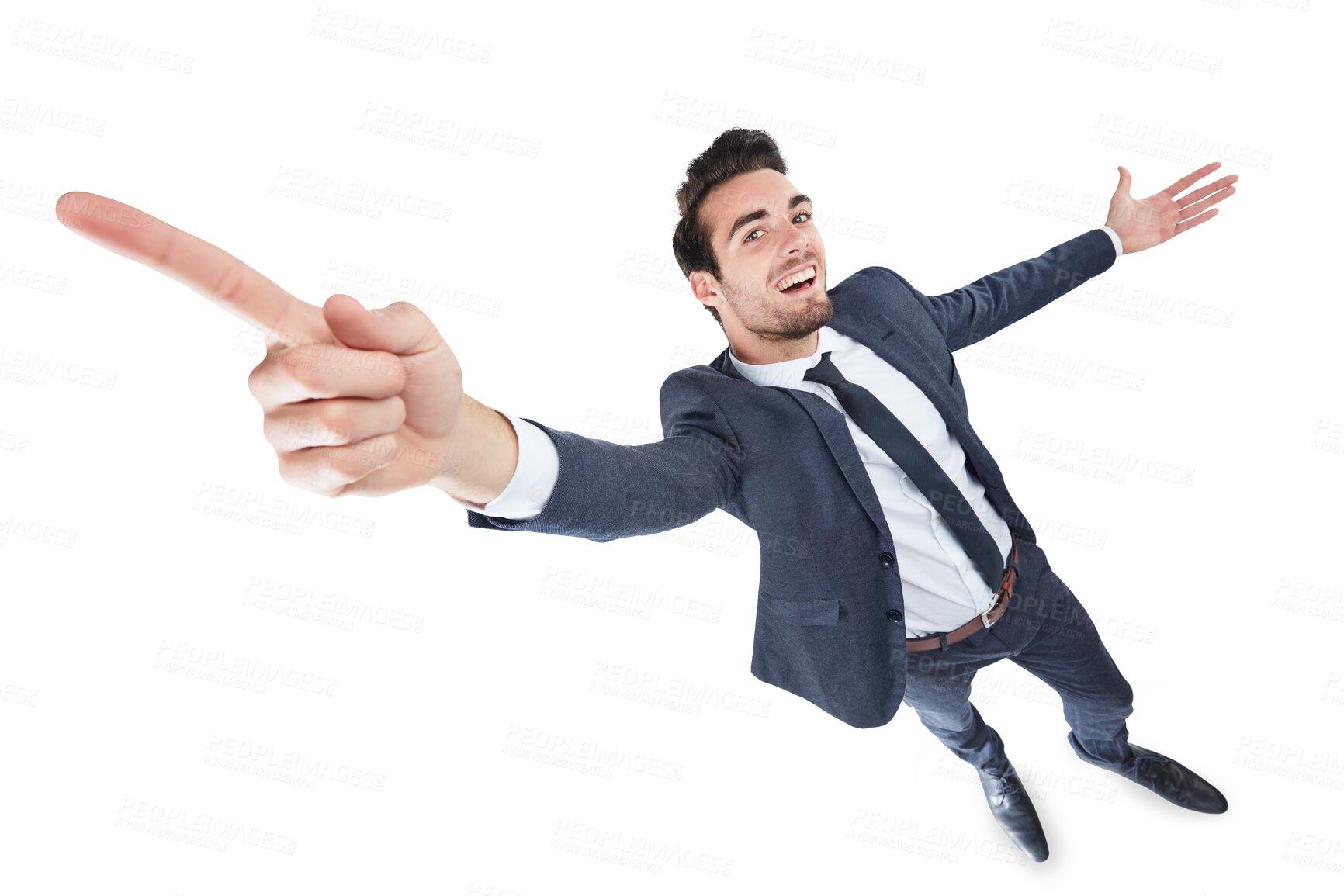 Buy stock photo Portrait, stretching and pointing with a business man isolated on transparent background for success. Smile, victory and announcement with an excited young employee on PNG for achievement celebration