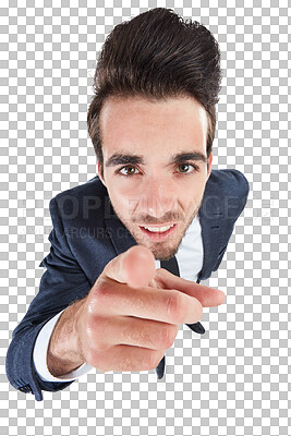 Buy stock photo Portrait, business man pointing at you or top view decision, choice or recruitment isolated on transparent png background. Face, professional gesture for hiring, career opportunity or job offer above