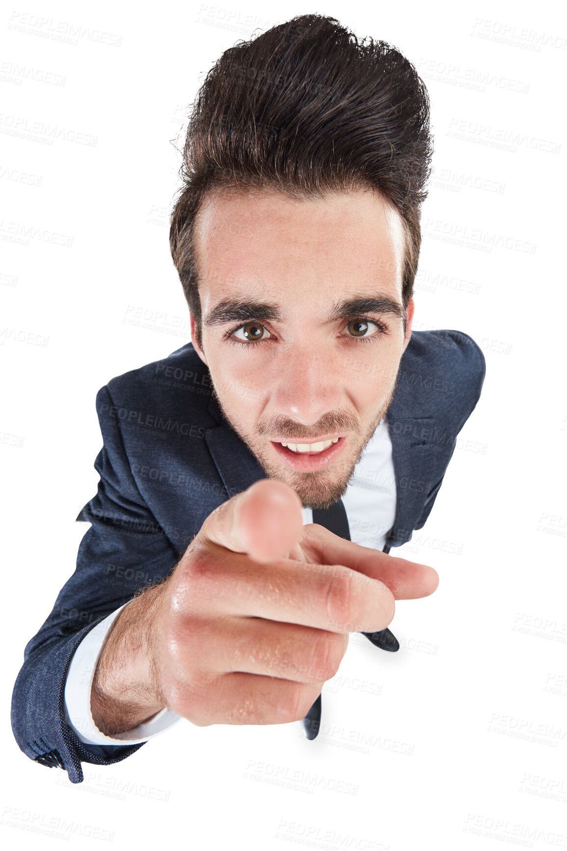 Buy stock photo Portrait, business man pointing at you or top view decision, choice or recruitment isolated on transparent png background. Face, professional gesture for hiring, career opportunity or job offer above