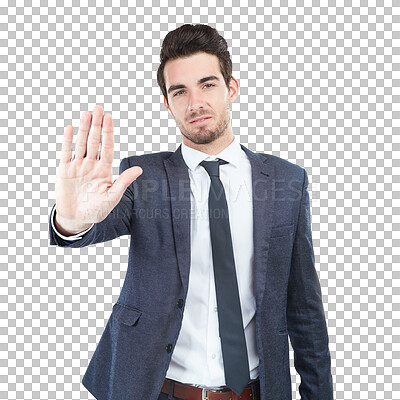 Buy stock photo Businessman, portrait and hand for stop, wait or halt standing isolated on a transparent PNG background. Handsome young man or employee with palm out for rejection, disapprove or business step back