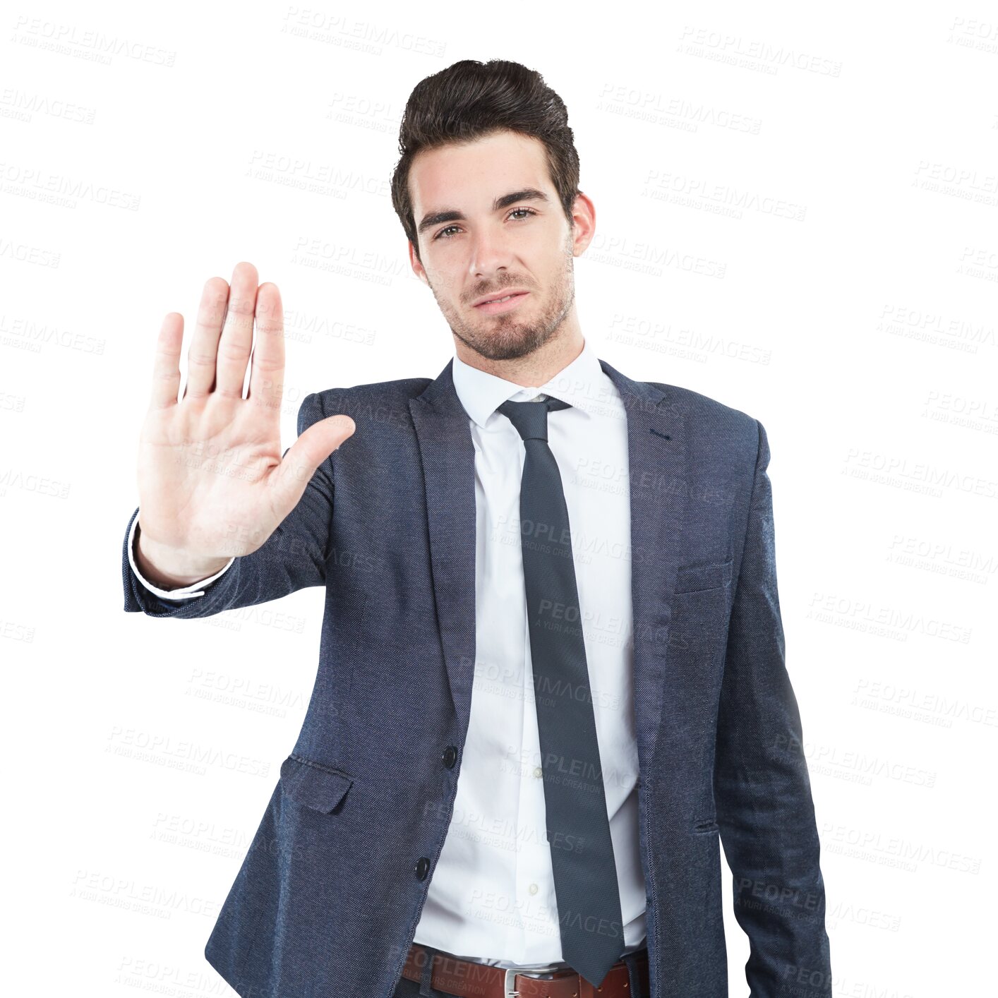 Buy stock photo Businessman, portrait and hand for stop, wait or halt standing isolated on a transparent PNG background. Handsome young man or employee with palm out for rejection, disapprove or business step back