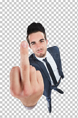 Buy stock photo Businessman, portrait and middle finger as angry professional, frustrated company job or unemployment. Male person, face and hand gesture for upset problem isolated, transparent png as background