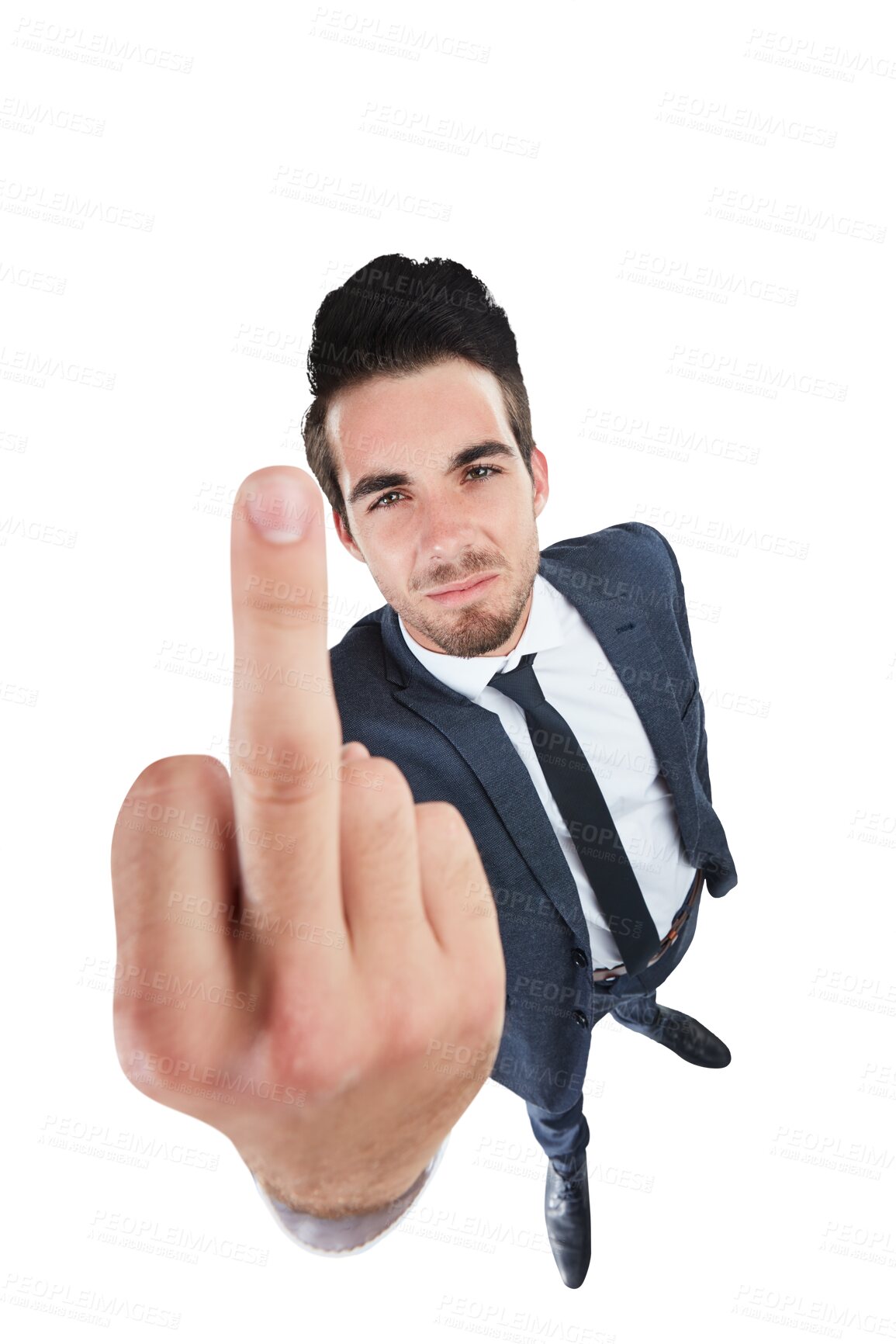 Buy stock photo Businessman, portrait and middle finger as angry professional, frustrated company job or unemployment. Male person, face and hand gesture for upset problem isolated, transparent png as background