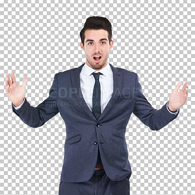 Buy stock photo Businessman, surprise or hands for news with corporate deal, entrepreneurship or announcement in management. Young person, shock and emoji for career growth and isolated on transparent png background