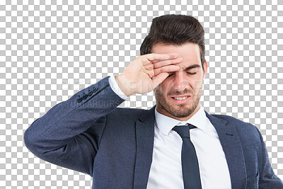 Buy stock photo Businessman, headache or mistake in debt, heat or bankruptcy isolated on a transparent PNG background. Frustrated man, employee or model with migraine, stroke or financial crisis in burnout or stress