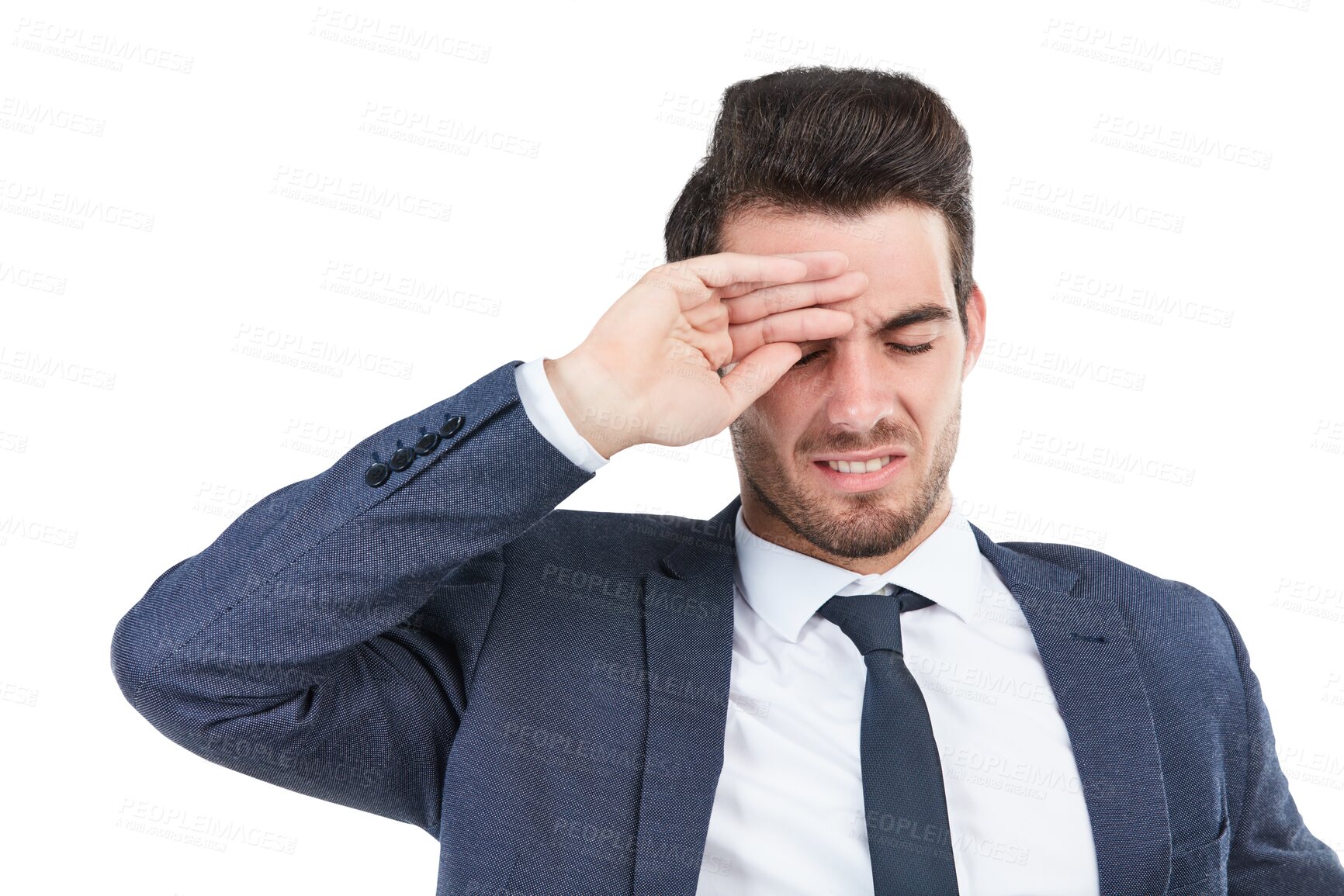 Buy stock photo Businessman, headache or mistake in debt, heat or bankruptcy isolated on a transparent PNG background. Frustrated man, employee or model with migraine, stroke or financial crisis in burnout or stress