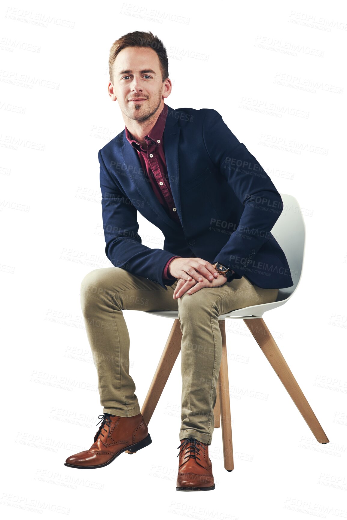 Buy stock photo Portrait, business and a man in a suit on a chair isolated on a transparent background for corporate work. Company, working and a young professional employee or worker sitting on PNG for his career