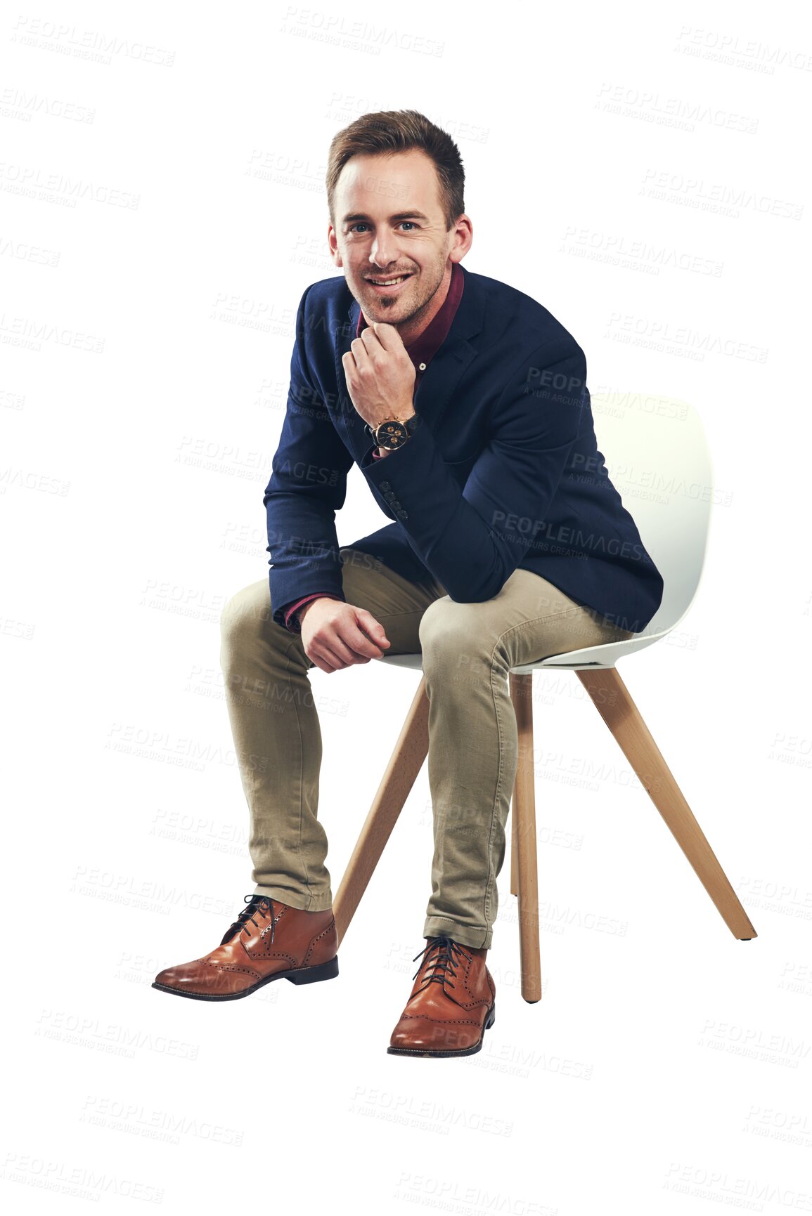 Buy stock photo Portrait, corporate man and thinking of plan for future, investment or retirement with opportunity for wealth. Male entrepreneur, gesture and idea with smile on isolated or transparent png background