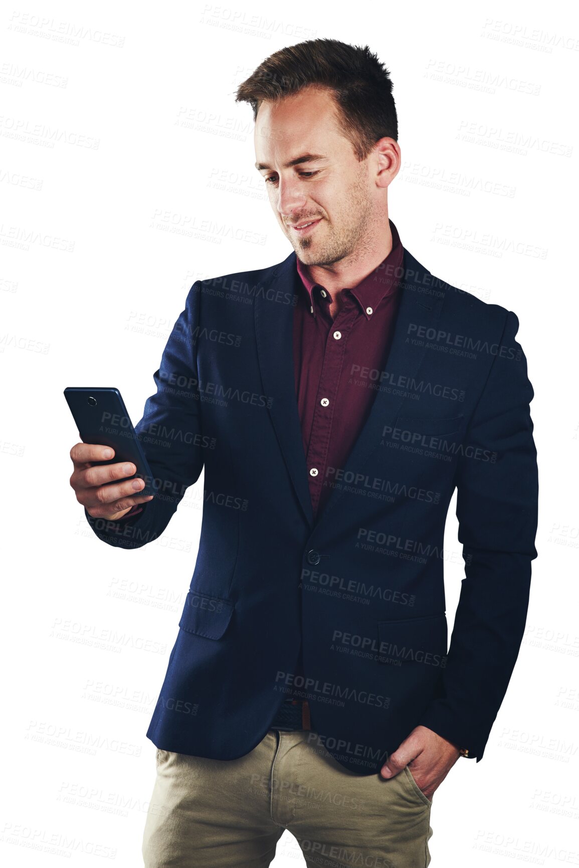 Buy stock photo Businessman, reading and smartphone for communication, email or message. Male entrepreneur, startup and technology by mobile app for internet, web or text on isolated or transparent png background