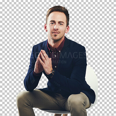 Buy stock photo Portrait, corporate man and thinking with idea for future, investment or retirement with opportunity for wealth. Male person, sitting and serious on chair on isolated or transparent png background