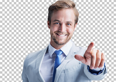 Buy stock photo Smile, pointing and portrait of young businessman with direction, showing or command gesture. Happy, excited and professional male person from Canada in suit isolated by transparent png background.