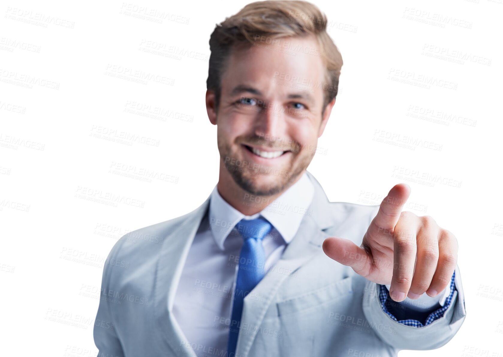 Buy stock photo Smile, pointing and portrait of young businessman with direction, showing or command gesture. Happy, excited and professional male person from Canada in suit isolated by transparent png background.