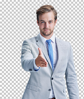 Buy stock photo Business man, portrait and handshake for meeting, offer and interview or onboarding, intro and hr. Male person, hiring and welcome or hello, thank you and isolated on transparent png background