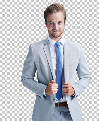 Buy stock photo Smile, confident and portrait of young businessman in a suit with pride, good and positive attitude. Happy, professional and male person with corporate fashion isolated by transparent png background.