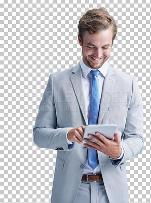 Buy stock photo Tablet, happy and business man typing, scroll or reading company report, corporate information or online project feedback. Web database, research or consultant isolated on transparent, png background