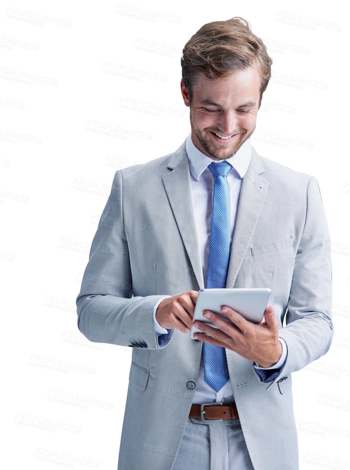 Buy stock photo Tablet, happy and business man typing, scroll or reading company report, corporate information or online project feedback. Web database, research or consultant isolated on transparent, png background