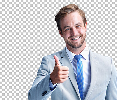 Buy stock photo Businessman, smile and thumbs up in portrait, agreement and thank you or isolated on transparent png background. Male person, emoji and icon or face, winner and promote or confidence, yes and great