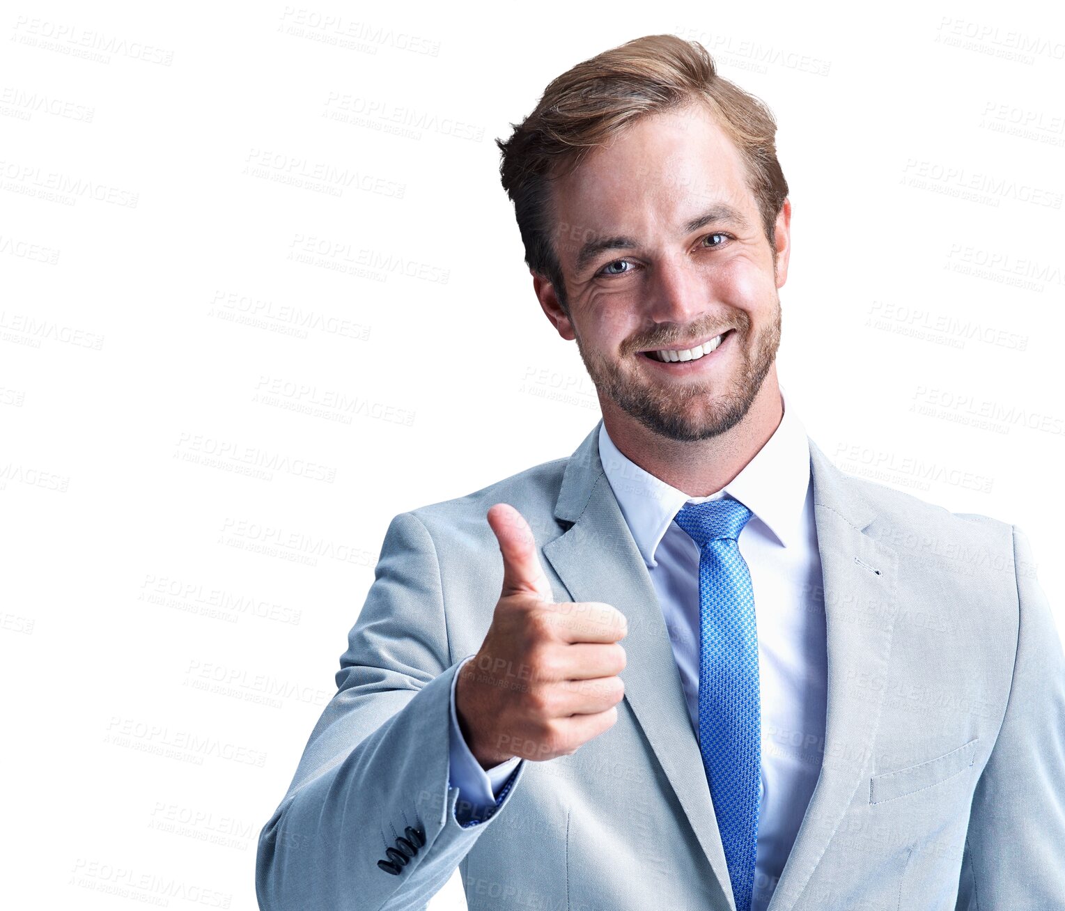 Buy stock photo Businessman, smile and thumbs up in portrait, agreement and thank you or isolated on transparent png background. Male person, emoji and icon or face, winner and promote or confidence, yes and great