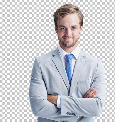 Buy stock photo Smile, confident and portrait of young businessman in a suit with pride, good and positive attitude. Happy, professional and male person with corporate fashion isolated by transparent png background.