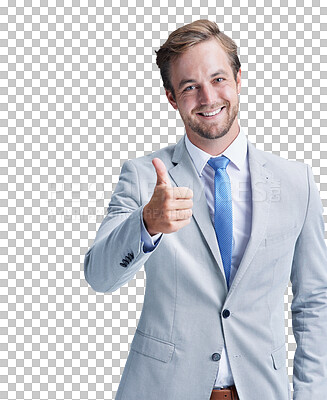 Buy stock photo Business man, smile and thumbs up in portrait, promote and thank you or isolated on transparent png background. Male person, emoji and icon or face, winner and agreement or confidence, yes and great