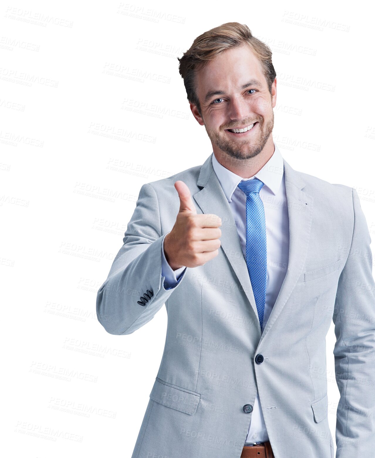 Buy stock photo Business man, smile and thumbs up in portrait, promote and thank you or isolated on transparent png background. Male person, emoji and icon or face, winner and agreement or confidence, yes and great