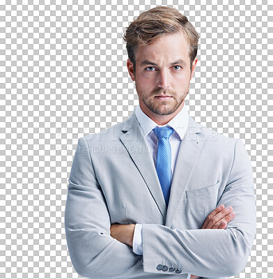 Buy stock photo Serious, confident and a portrait of young businessman in a suit with pride, vision and ambition. Career, professional and male person with corporate fashion isolated by transparent png background.