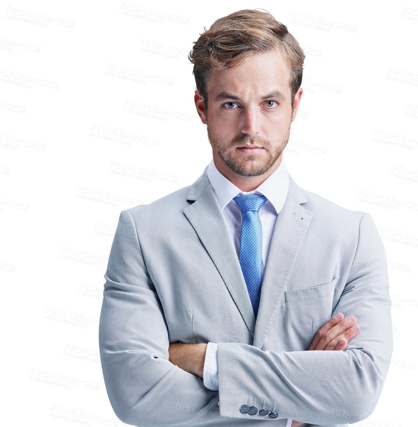 Buy stock photo Serious, confident and a portrait of young businessman in a suit with pride, vision and ambition. Career, professional and male person with corporate fashion isolated by transparent png background.