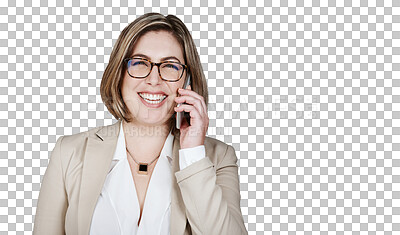 Buy stock photo Businesswoman, phone call and talking conversation for company networking, communication or corporate discussion. Female person, mobile device and isolated transparent png background, online for chat