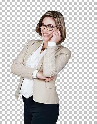 Buy stock photo Businesswoman, portrait and phone call talking communication, networking or corporate. Female person, face and digital device or online connection for planning, isolated transparent on png background