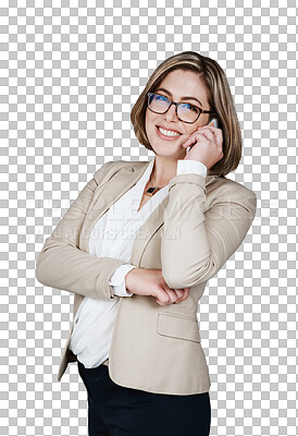 Buy stock photo Businesswoman, phone call and portrait smile for conversation networking, communication or corporate discussion. Female person, digital device and isolated transparent png background, online for chat