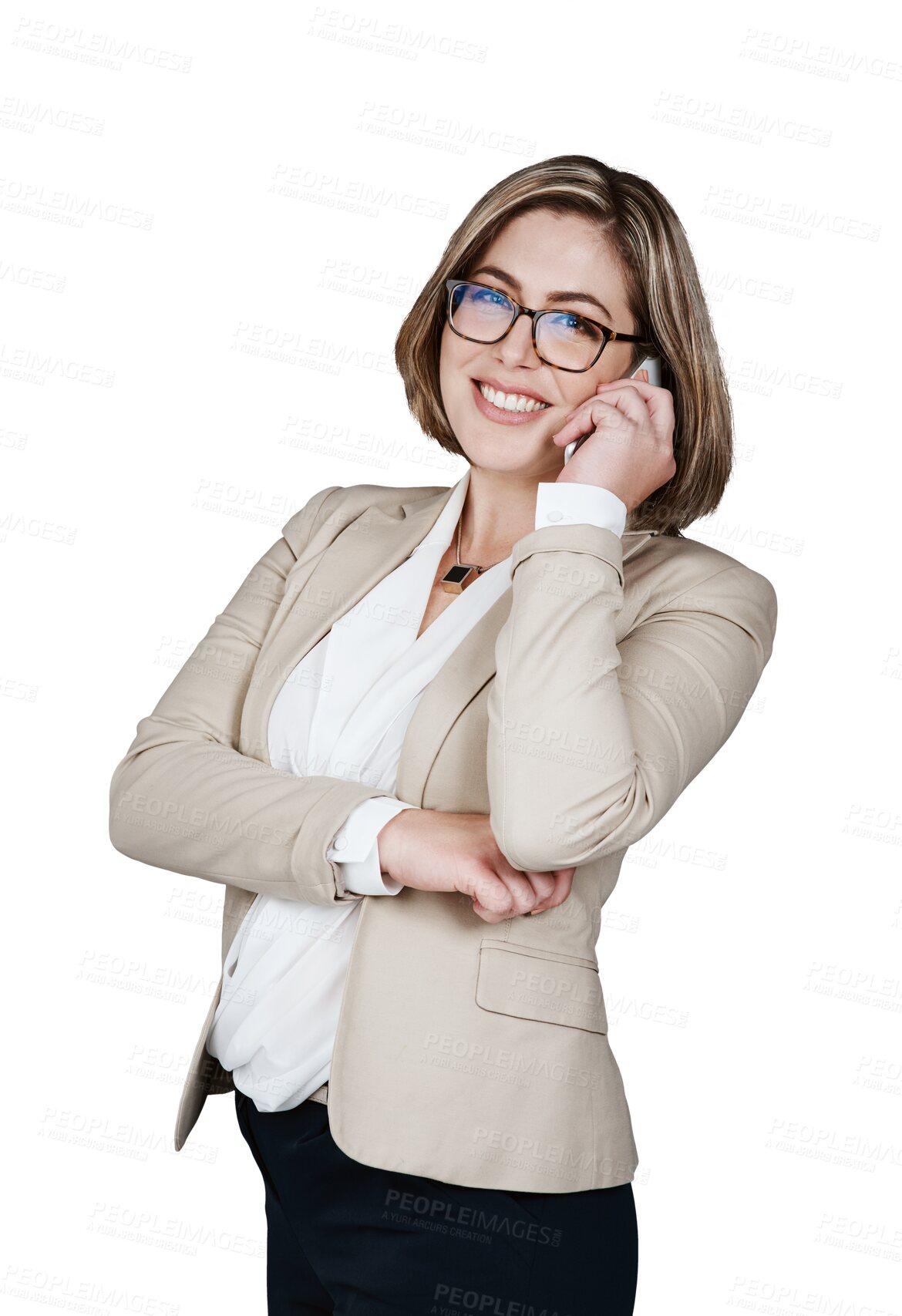 Buy stock photo Businesswoman, phone call and portrait smile for conversation networking, communication or corporate discussion. Female person, digital device and isolated transparent png background, online for chat