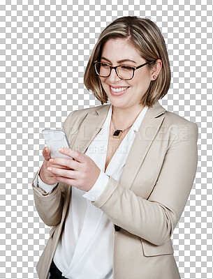 Buy stock photo Businesswoman, smile and texting on cellphone for company networking, communication or corporate discussion. Female person, mobile device and isolated transparent png background, online tech for chat