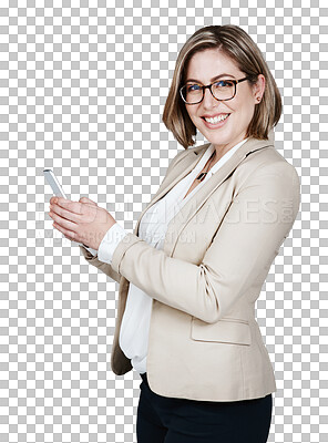 Buy stock photo Portrait, happy woman and smartphone for typing, consultation or email by internet. Female analyst, smile and glasses for vision with mobile app for telecom on isolated or transparent png background