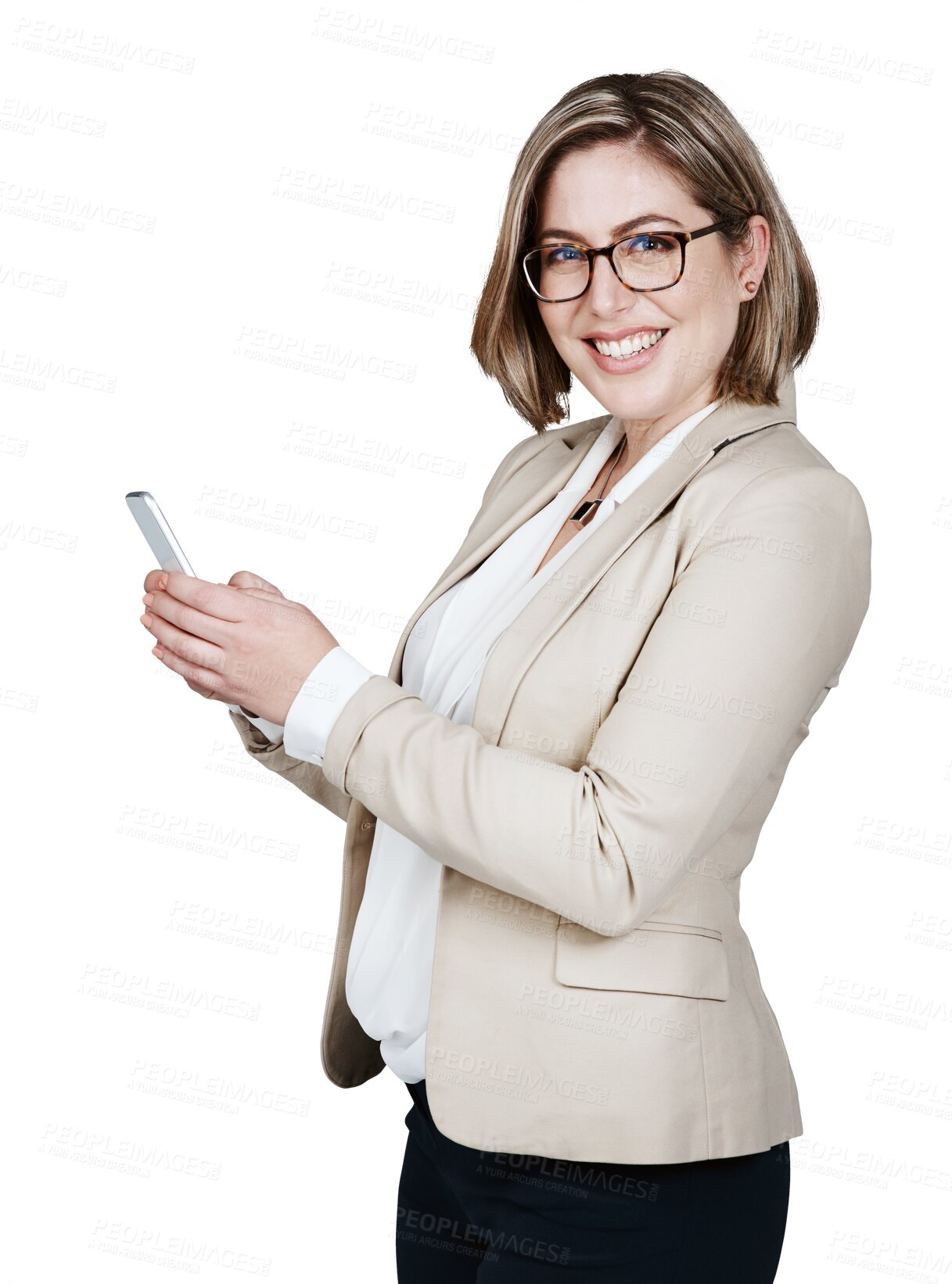 Buy stock photo Portrait, happy woman and smartphone for typing, consultation or email by internet. Female analyst, smile and glasses for vision with mobile app for telecom on isolated or transparent png background