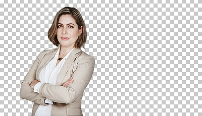 Buy stock photo Portrait, arms crossed and professional woman confident in business franchise, company enterprise or management work. Pride, job experience and consultant isolated on transparent, png background 