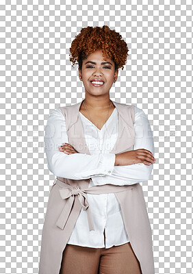 Buy stock photo Portrait, arms crossed and happy professional woman confident in design company, creative agency or fashion job experience. Pride, career and African designer isolated on transparent, png background 