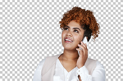 Buy stock photo Businesswoman, thinking and phone call for idea with conversation for future, planning or retirement. Female consultant, afro and vision by communication on isolated or transparent png background