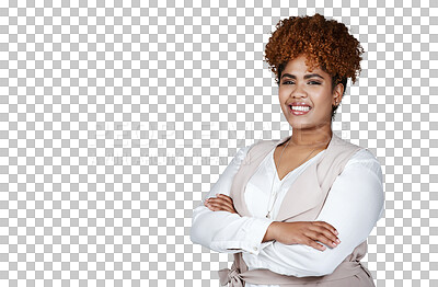 Buy stock photo Portrait smile, arms crossed or business woman pride in design company, creative agency or fashion sales. Management career, trust or startup African designer isolated on transparent, png background 