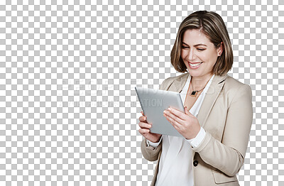 Buy stock photo Businesswoman, tablet and reading with smile for communication, email or online result. Corporate, female analyst and happy with technology, internet and web on isolated or transparent png background