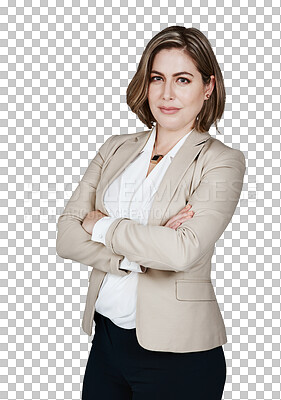 Buy stock photo Portrait, arms crossed and confident business woman, realtor or property developer pride in agency sales work. Management, job experience or real estate agent isolated on transparent, png background 