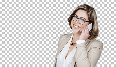 Buy stock photo Businesswoman, portrait and phone call company conversation for networking, talking for corporate discussion. Female person, mobile device and isolated transparent png background, online for chat