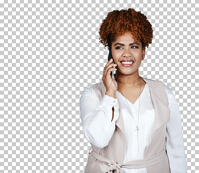 Buy stock photo Businesswoman, thinking and phone call with smile for idea, conversation and future planning. Professional, consultant and afro with excited face for vision on isolated or transparent png background