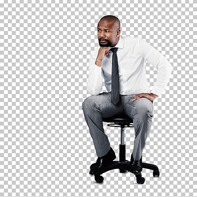 Buy stock photo Businessman, thinking and idea for decision, office chair and isolated on transparent png background. Concentration, vision and contemplate with solution mindset, wondering and strategy for problem
