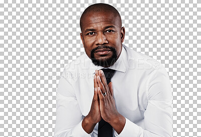 Buy stock photo Thinking, portrait and black man or manager, face and planning for company future or growth. Male person, CEO mission and mindset or vision, confidence and isolated on transparent png background